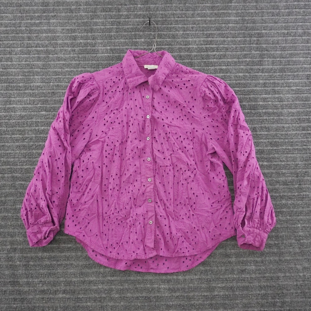 Sundance Eyelet Button Down Shirt Women Petite Medium Purple Long Sleeve Cotton